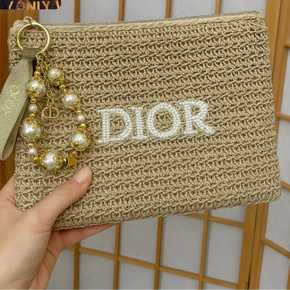 Dior Beige Raffia Clutch with Pearl Charm - Picture 1 of 9